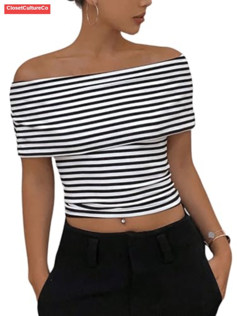 Women's Striped Off Shoulder Crop Top Slim Fit Short Sleeve Casual Going Out Top